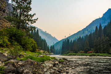Wild fire smoke hanging in a forest river valley