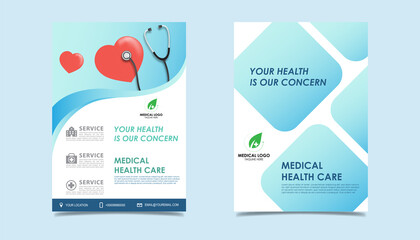 Medical health care flyer brochure template design, flyer template of medical care with white background for text in A4 size, space for picture and blue wavy lines decoration. vector illustration 