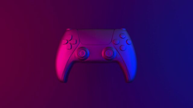 Abstract game controller with reflections. Retro neon game controller. Gamepad for games. Sci-fi Cyber futuristic purple-pink colors joystick. Game adventure. Virtual reality. Gaming and entertainment