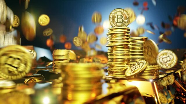 Bitcoin cryptocurrency falling coins surrounded by gold bars 4k video footage. High quality 4k footage