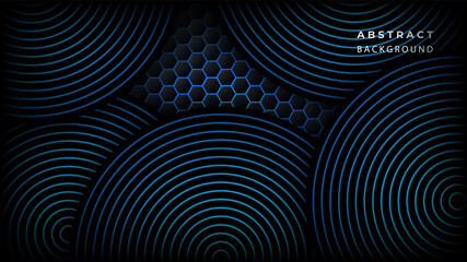 Dark abstract background with circle and black overlap layers. Gradient list line on hexagon textured background.