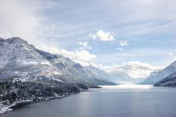 Fototapeta na wymiar Landscape overlooking Waterton Lake in winter