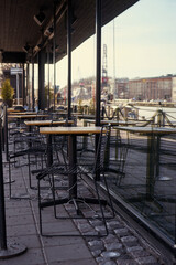 The deserted terrace of the closed cafe during the pandemic.
