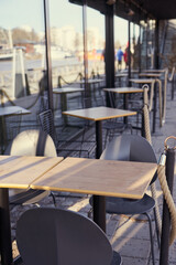 The deserted terrace of the closed cafe during the pandemic.