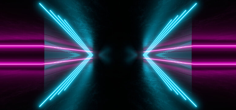Sci Fy neon lamps in a dark tunnel. Reflections on the floor and walls. 3d rendering image. © Andrey Shtepa