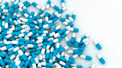 Pills scattered on white table with copy space. Medical 3d illustration