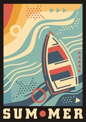 Summer poster with sea, beach and the boat. Coastline aerial view vector travel flyer. Summer vacation and travel tropical island and sandy beach.