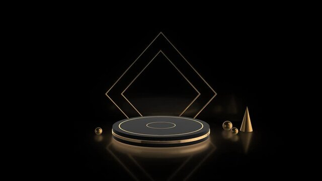3d stage for product presentation,golden shapes and glass objects on a reflective floor,stage podium award ceremony pedestal ,dark background