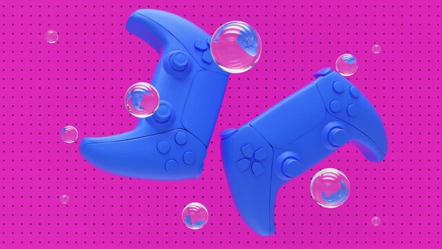 Blue standard videogame controllers on a pink background with pattern dots and holes. Transparent soap bubbles with reflections. Gamepads for game console. Sci-Fi Futuristic. 3d animation loop 4K