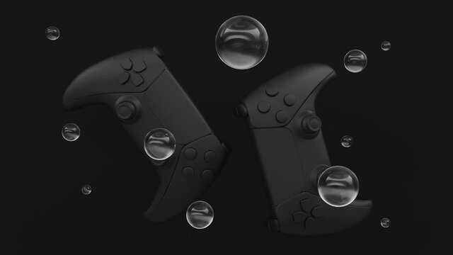 Black standard videogame controllers on black background with pattern dots and holes. Transparent glass bubbles with reflections. Gamepads for game console. Sci-Fi Futuristic. 3d animation loop 4K