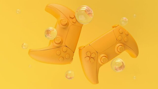 Orange standard videogame controllers on a yellow background with pattern dots and holes. Transparent soap bubbles with reflections. Gamepads for game console. Sci-Fi Futuristic. 3d animation loop 4K