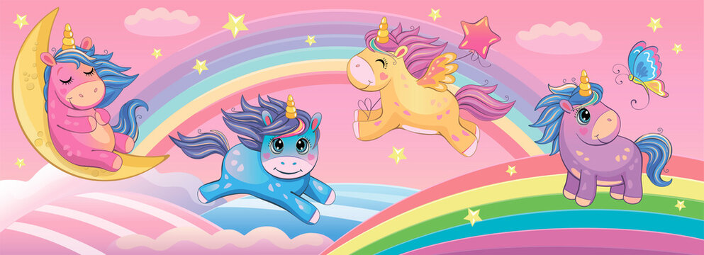 Set funny small unicorns. Cute little pony or horse. Fairytale background with rainbows and animals. Fabulous landscape. Children's wallpaper. Cartoon illustration. Wonderland. Toy or doll. Vector. 