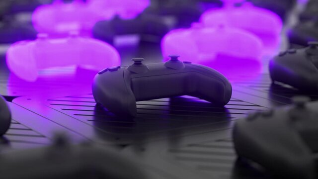 Black joysticks. Purple glowing objects on the background. Depth of field. Gamepads on glossy table background. Close up. 3d loop animation 4K