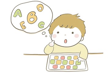 タブレットで英語の勉強をするかわいい男の子