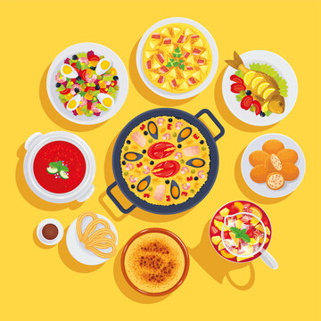 Set of typical Spanish dishes: salad, gazpacho, paella, baked dorado fish, croquettes, sangria, desserts. Vector food illustration, cartoon, icons, symbols, stickers, poster