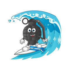 hand grenade surfing character. cartoon mascot vector