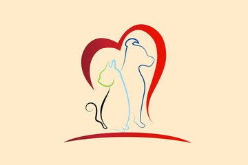 Logo dog and cat silhouettes in a bird love heart shape veterinary business id card vector image graphic design