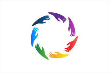 Logo colorful hands in a circle shape image web vector icon rainbow colors background template