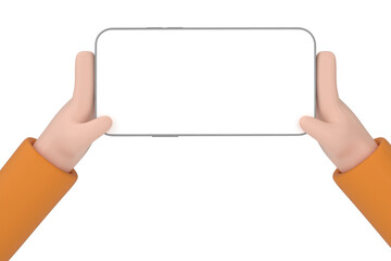 Cartoon hand holding phone on white background. 3d illustration.