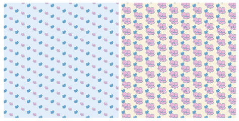 Vector set of design spring seamless pattern with pink and blue flowers, green leafs. Summer. Floral. Illustration for wedding invitations, wallpaper, textile, wrapping paper, fashion, fabric, web.