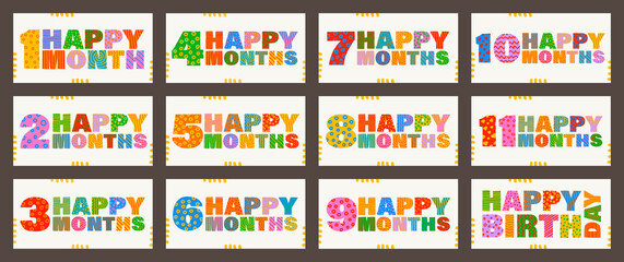 Happy first month, 1, 2, 3, 4, 5, 6, 7, 8, 9, 10, 11. Handwritten greeting lettering. Happy birthday, kids multicolor lettering. Vector, set of greeting cards for a child under one year old.