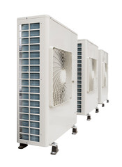Condenser unit or compressor isolated on white background. Unit of central air conditioner (AC) or heating ventilation air conditioning system (HVAC) for home. Electric fan and refrigerant pump inside