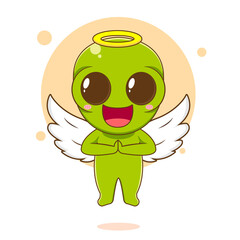 Cartoon illustration of cute alien character as an angel