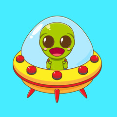 Cartoon illustration of cute alien character flying with ufo