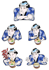 ラーメンを食べる青い法被の男セット