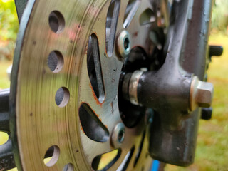 Disc brakes system on a motorcycle wheel.