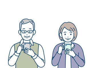 スマートフォン　操作　使う　老夫婦　シニア　高齢者　男女　電話　イラスト素材