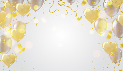 Glossy gold Flying helium Balloons backdrop with effect. Wedding, Birthday and Anniversary
