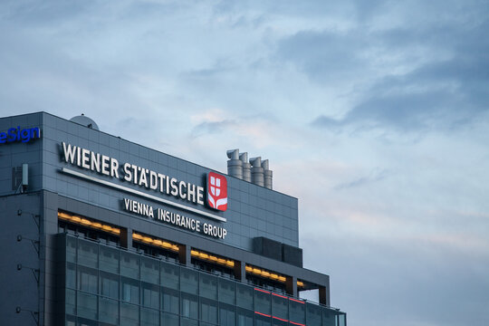 BELGRADE, SERBIA - JANUARY 3, 2021: Wiener Stadtische logo on their main office in Belgrade. Wiener Stadtische, part of Vienna Insurance Group, is one of the main insurance companies in Balkans