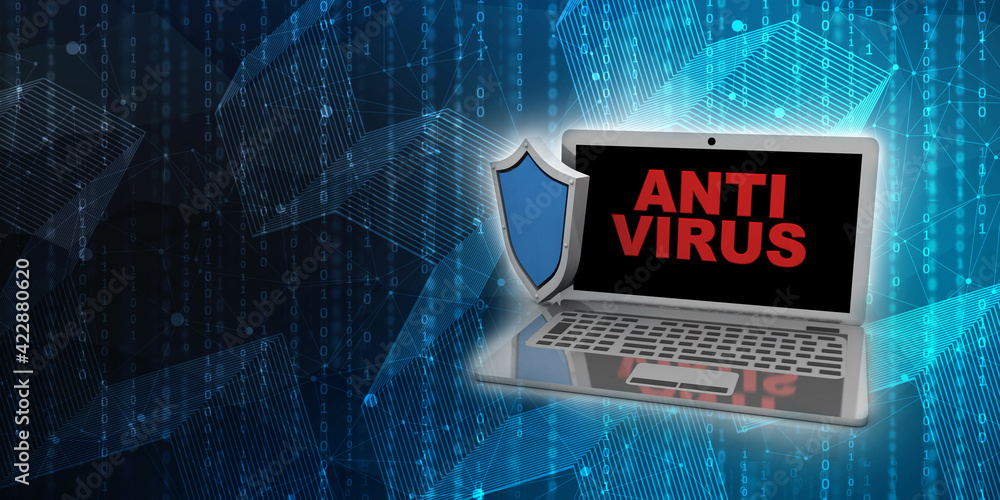 Poster 3d rendering laptop with shield 
    