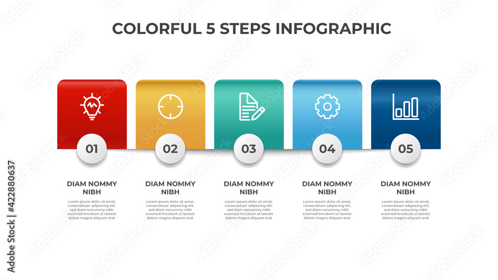 Poster colorful 5 points of list diagram, steps with horizontal layout, infographic element template