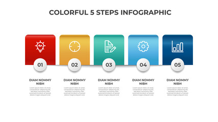 Fototapeta premium Colorful 5 points of list diagram, steps with horizontal layout, infographic element template