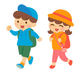 ピクニックや遠足で歩く男の子と女の子