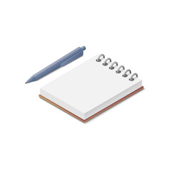 Notepad and pen. Colored isometric vector illustration. Isolated on white background.