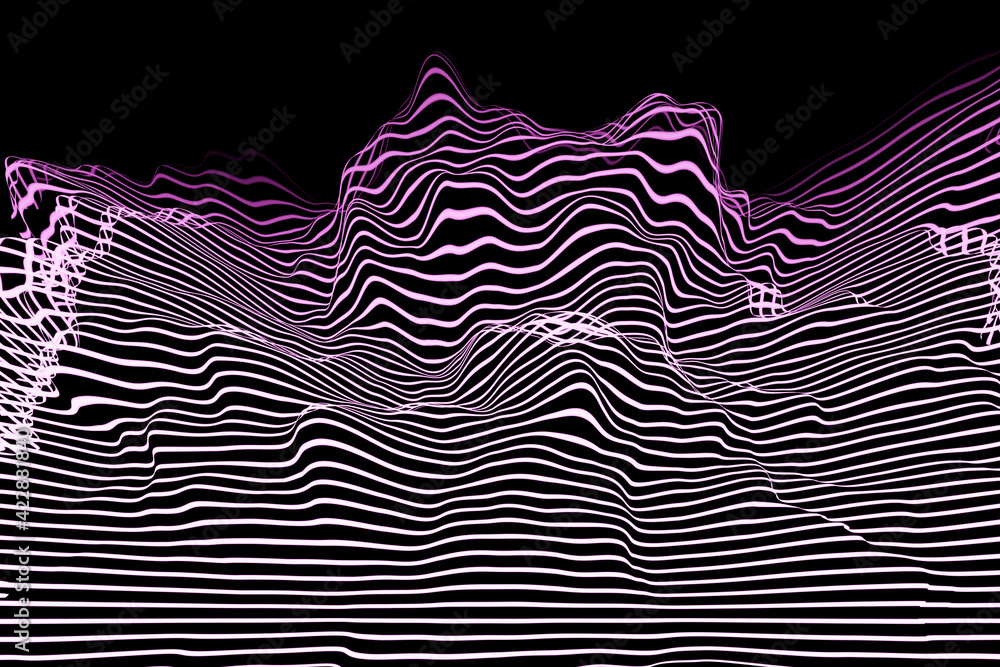 Poster 3d illustration of design colorful abstract digital sound wave on a black background. voice recognit