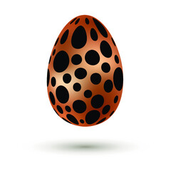 Metallic 3d golden bronze Easter egg with shiny black polka dot pattern and shadow isolated on white background. Easter-egg hunt design. Vector illustration