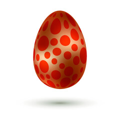 Metallic 3d golden bronze Easter egg with shiny orange polka dot pattern and shadow isolated on white background. Easter-egg hunt design. Vector illustration