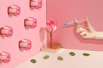 Creative concept of  beauty injections. Syringe with toxin and rose on pastel background