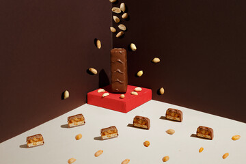 Peanuts spill onto a bar of chocolate. Funny modern chocolate composition