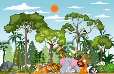 Wild animal cartoon character in the forest scene © blueringmedia