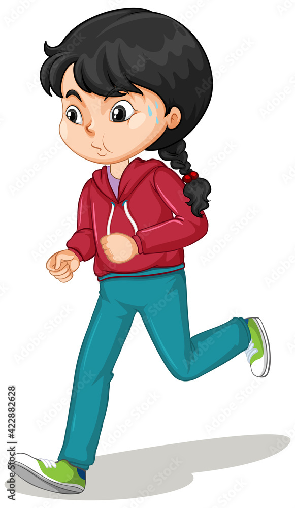 Poster girl doing running exercise cartoon character isolated