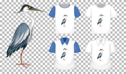 Stork bird in stand position cartoon character with many types of shirts on transparent background