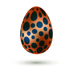 Metallic 3d golden bronze Easter egg with shiny dark  blue polka dot pattern and shadow isolated on white background. Easter-egg hunt design. Vector illustration