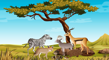 Gruppe wilder afrikanischer Tiere in der Waldszene © blueringmedia