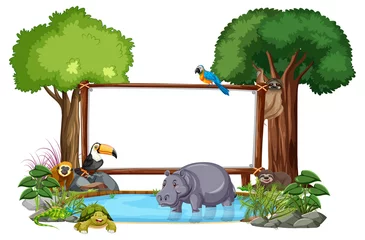 Leeres Banner mit wilden Tieren und Regenwaldbäumen auf weißem Hintergrund © blueringmedia