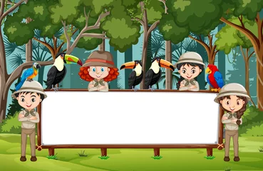 Stoff pro Meter Empty banner with many children and wild animals in the forest scene © blueringmedia